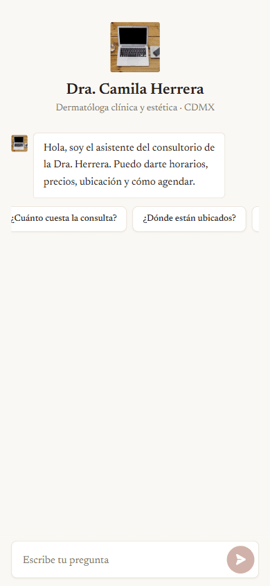 Chat real de GetBio: la bienvenida del consultorio de la doctora Herrera con preguntas sugeridas sobre precio de consulta y ubicación