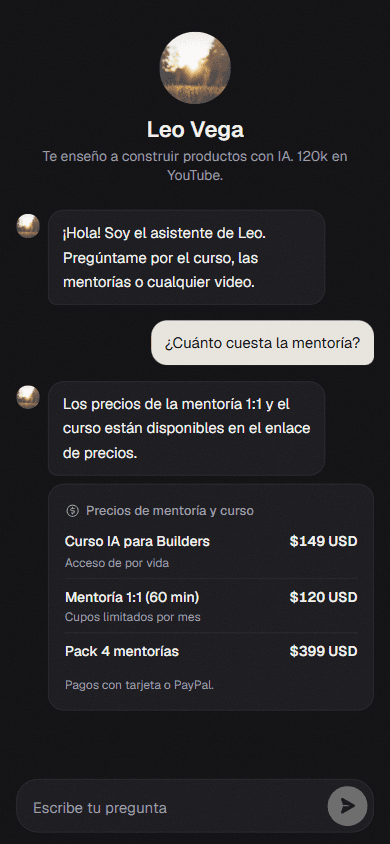 Chat real de GetBio en tema oscuro: un visitante pregunta cuánto cuesta la mentoría y el asistente responde con una tarjeta de precios
